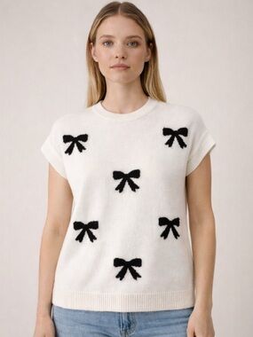 White Bow Knit Sweater Top | Cap Sleeve Minimal Chic 🤍🖤